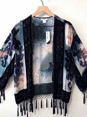 Aris A Silk Blend Velvet Kimono Beaded Tasseled Fairy Whimsigoth Artsy